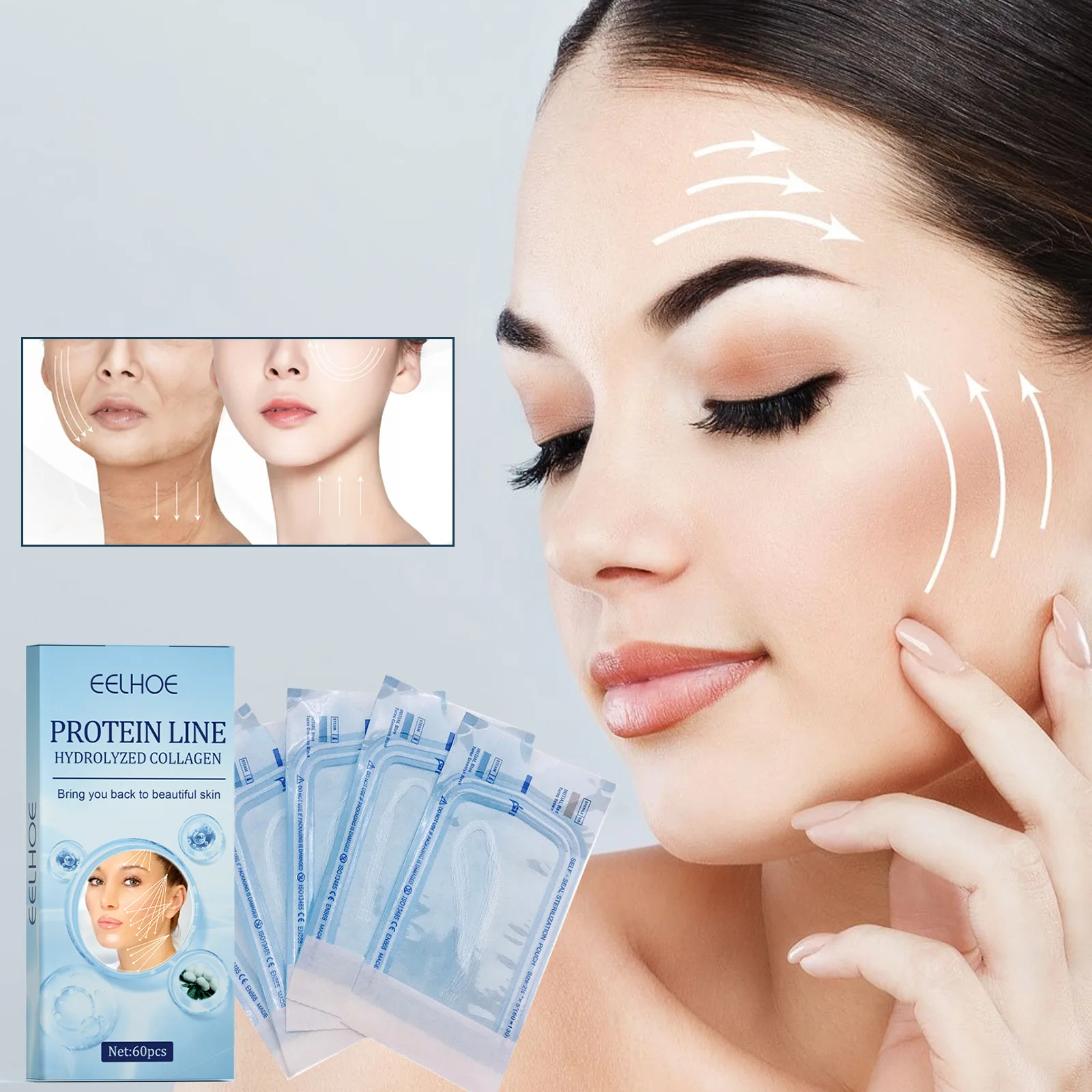 60pcs No Needle Absorbable Gold Protein Line Anti-wrinkle Firming Facial Filler Fade Fine Lines Collagen Thread Anti-Aging Serum