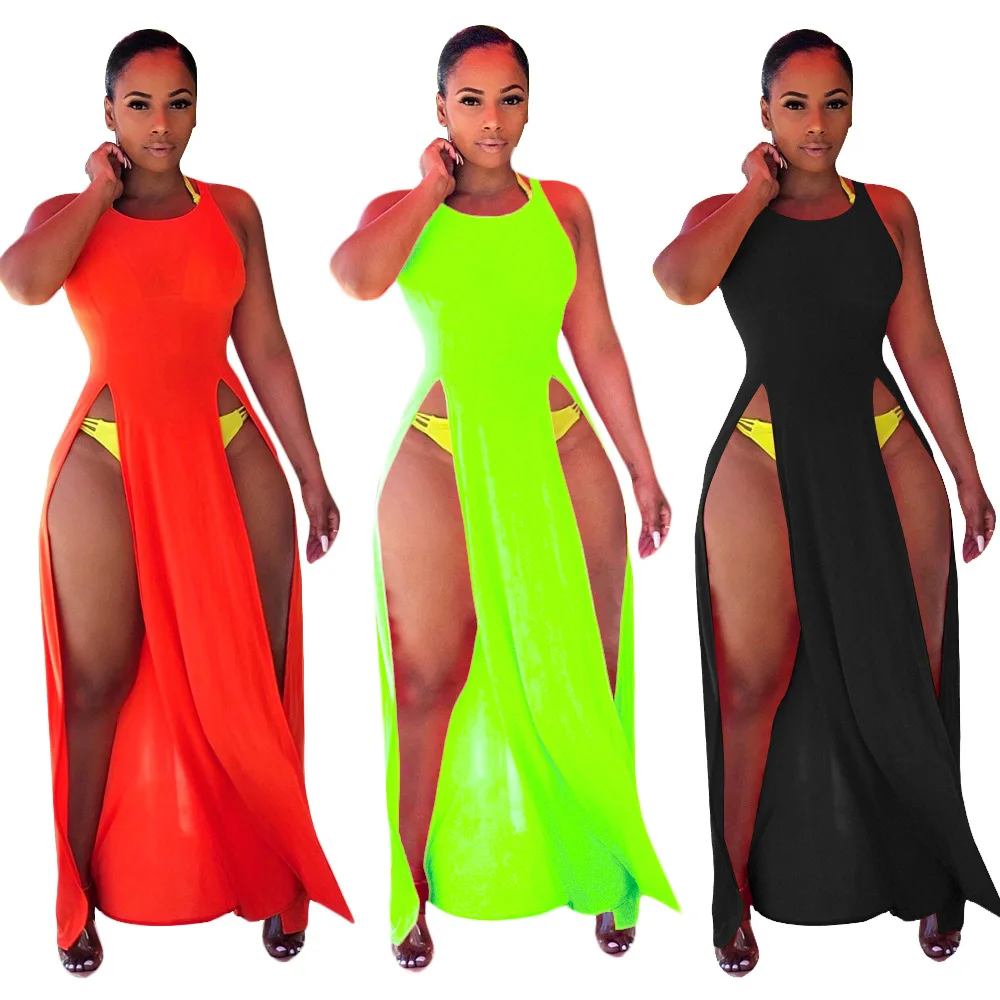 

Ladies Sexy Dress Summer Women Streetwear Solid Color Side Slit Dress Women
