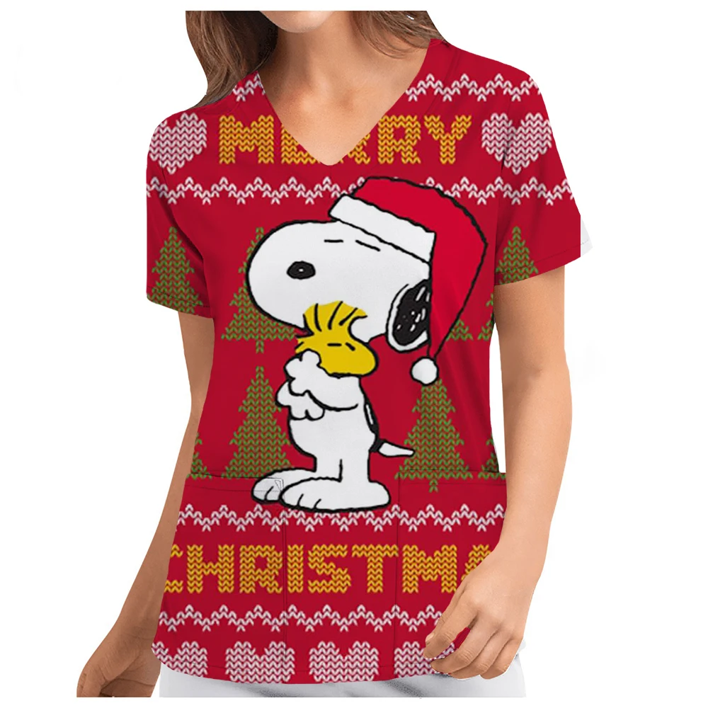 Pocket Women's T-shirt V Neck Nurse Uniform T-Shirt Y2k Clothes Snoopy S-2XL Cheap Top New Hospital Woman Clothing 2024