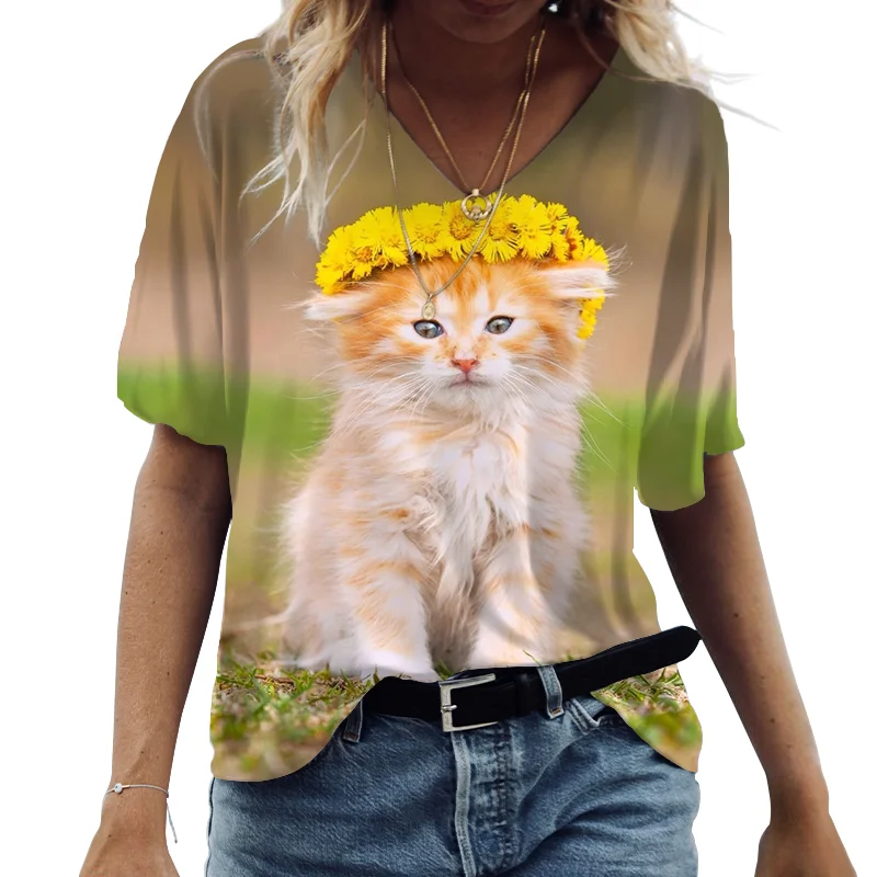 

Romantic Wreath Cute Cat T Shirt Women Funny Short Sleeve Tees Summer Oversized Fashion Top Clothes Casual V-Neck Print T Shirts