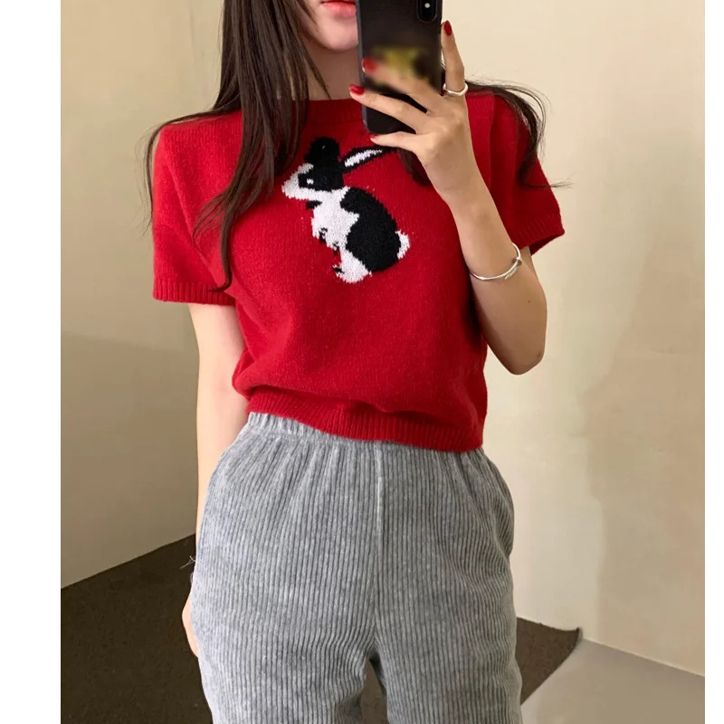 

Women's Sweater Summer Loose Knit Sweater Short Sleeve Rabbit Embroidery Sweaters