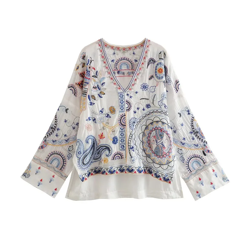 

Female Clothing New Fashion Long Sleeves Lady Shirt Vintage V Neck Top Contrast Embroidered Elegant Women Blouses