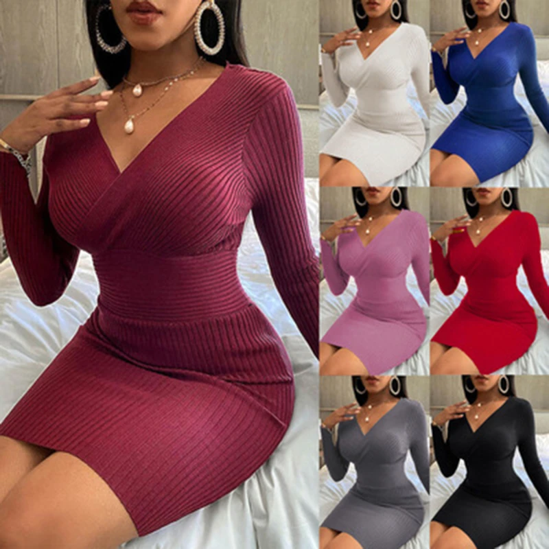 

Lady Sexy Solid Wrap V Neck Ribbed Hip Package Dress Fashion Elegant Slim Fit Bodyon Party Dress Autumn Long Sleeve Knit Dress