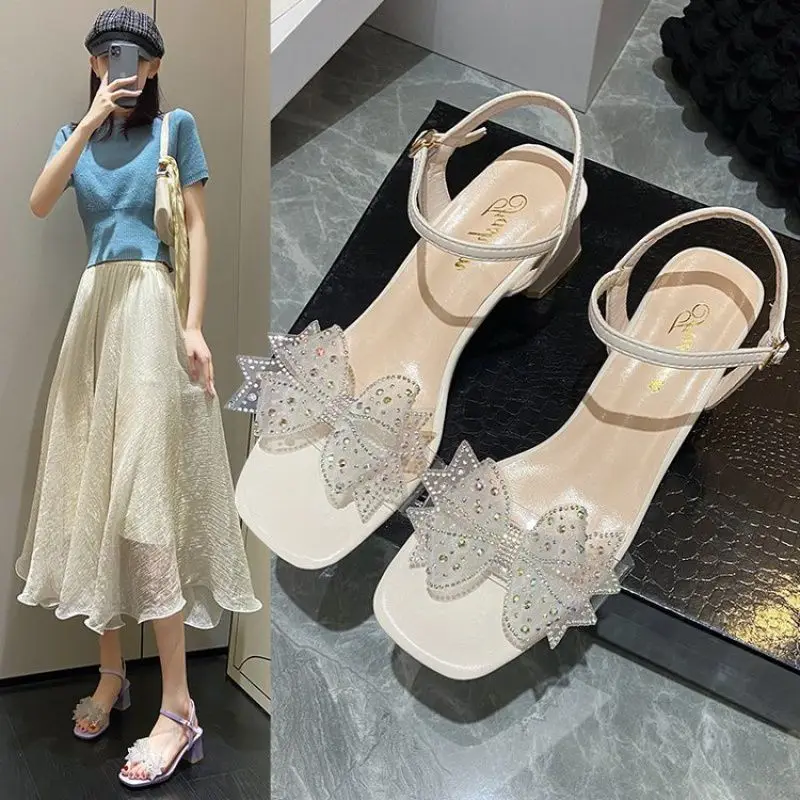 Summer Women French Rhinestone Bow Thick With Transparent Joker Sandals.