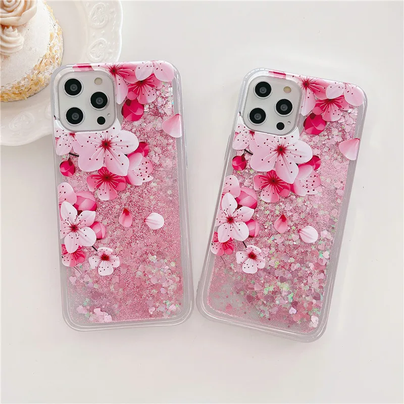 

Case For OPPO Reno 2 Z 2Z 3 4 5 6 7 SE Realme X XT 5 6 7i C11 C15 C21 C35 X7 K7X K9 K10 Pro Glitter Quicksand Peach Flower Cover