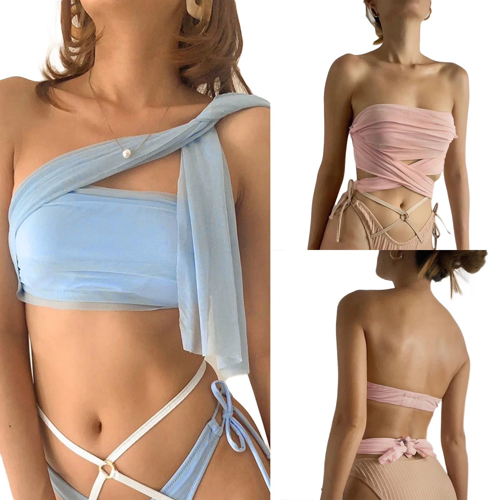 Women's Cross Wrap Tube Tops, Sexy Sleeveless Solid Color Tie Knot Ruched Crop Tops