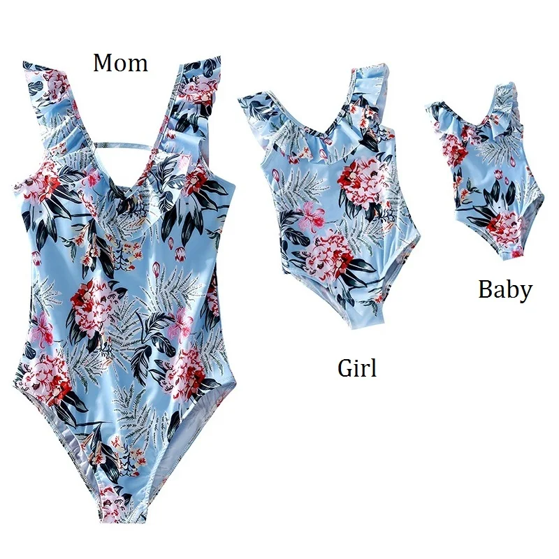 

Family Set V-Neck Mother Daughter Matching Swimsuits Flower Mommy and Me Mom Baby Swimwear Ruffled Women Girls Bikini Clothes