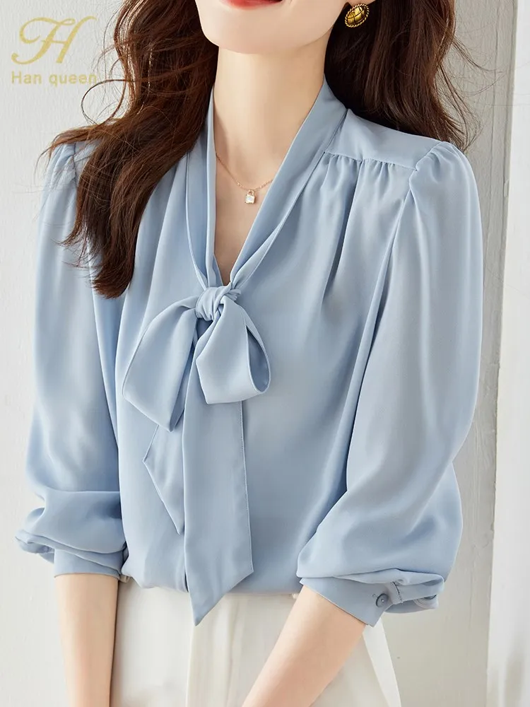 

Женская шифоновая блузка H Han Queen, Повседневная офисная рубашка в Корейском стиле на шнуровке, осень 2023
