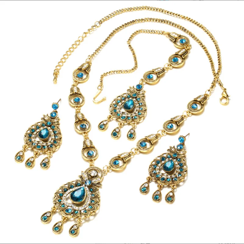 

Fashion Bohemian Sapphire Vintage Indian Jewelry Necklace Earrings Set Forehead Pendant Retro Turkey Party Jewelrys for Ladies