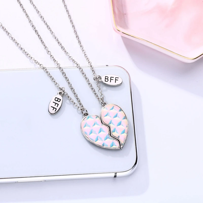 

Новинка, блестящая подвеска в виде сердца с разбитой строчкой, блестящая цепочка, ювелирные изделия дружбы, подарки для женщин, 2 шт./компл.