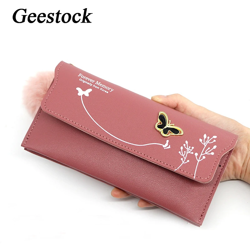 

Модные новые женские длинные кошельки Geestock, однотонные шерстяные клатчи с бантом и шариками, Женская длинная сумка, сумка для карт, кошелек ...