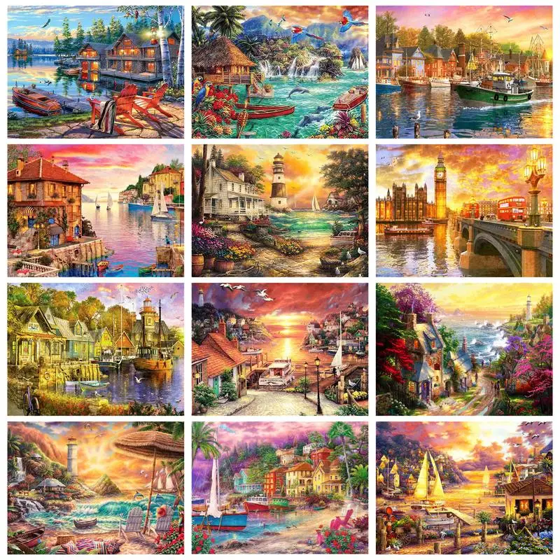 

CHENISTORY 40X50cm Painting By Numbers Seaside Harbor Landscape For Adults On Canvas Unique Gift Artwork Pictures Paint Wall Art