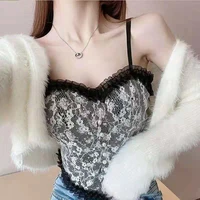 sexy women lace camisole summer french print cami crop tank top fashion elegant short wrap chest female sleeveless cropped vest