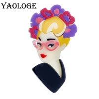 yaologe acrylic sexy lady brooches for women creative cartoon wear glass colorful hair red lips figure brooch pin party badge