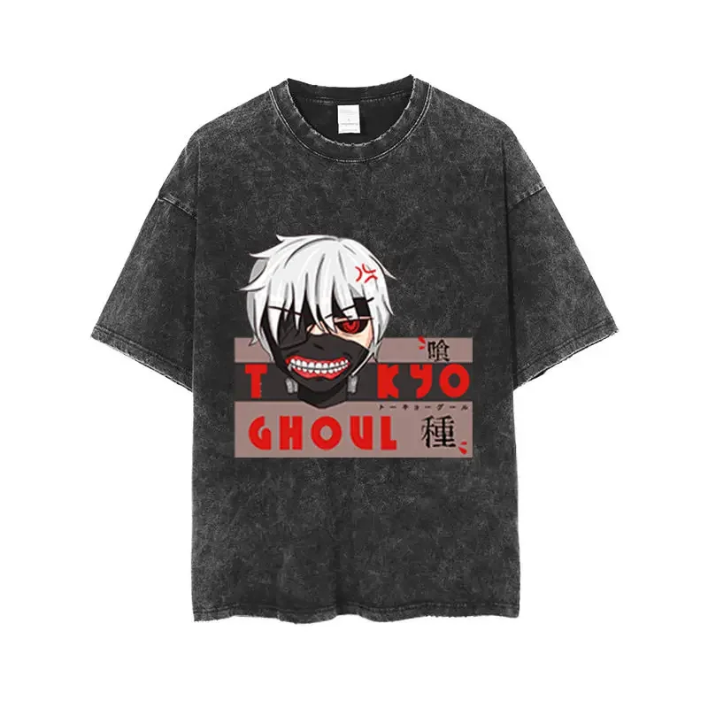 Фото Футболка оверсайз Tokyo Ghoul Ken Kaneki TG Project Monochrome Acid Wash, черная, летняя, 2026, уличная одежда, с аниме-графикой №5