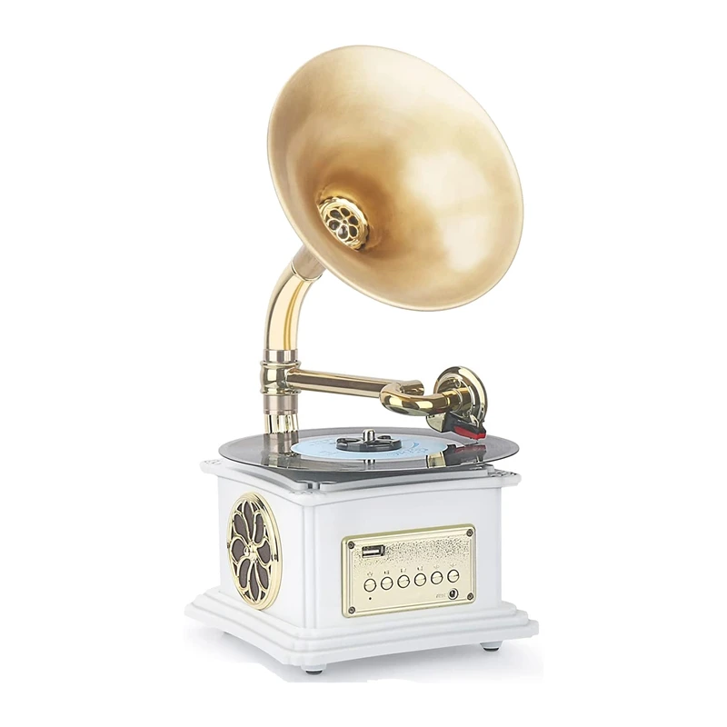 Mini Record Player With Aluminum Base, Copper Horn Phonograph Bluetooth Speaker, Vintage Gramophone Turntable For Home