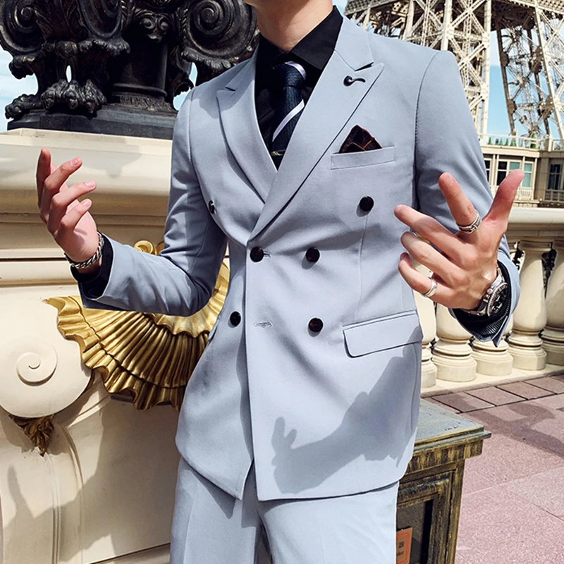 2022 New Fashion Double Breasted Formal Groom Wedding Beach Party Gray Men's Suit Business Casual 2 Piece Set