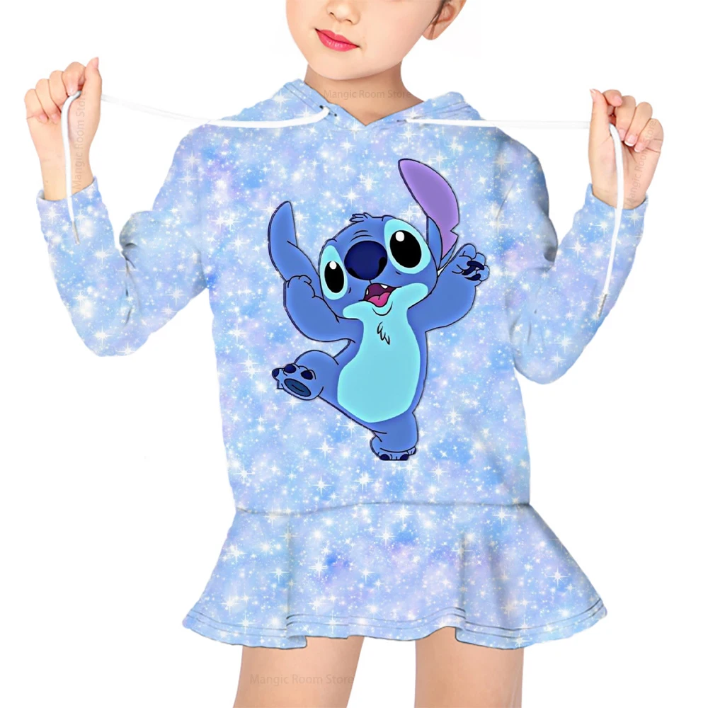 

Autumn Disney Stitch Print Cute Casual Pullover Hoodie Sweater Princess Skirt Girls Loose Long Sleeve Top