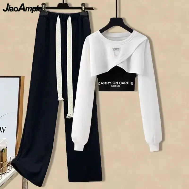 

2023 New Women's Spring Autumn Sprots Suit Lady Korean Casual Wide Leg Pants Short Sweatshirt Crop Tops Sets Fashion Streetwear