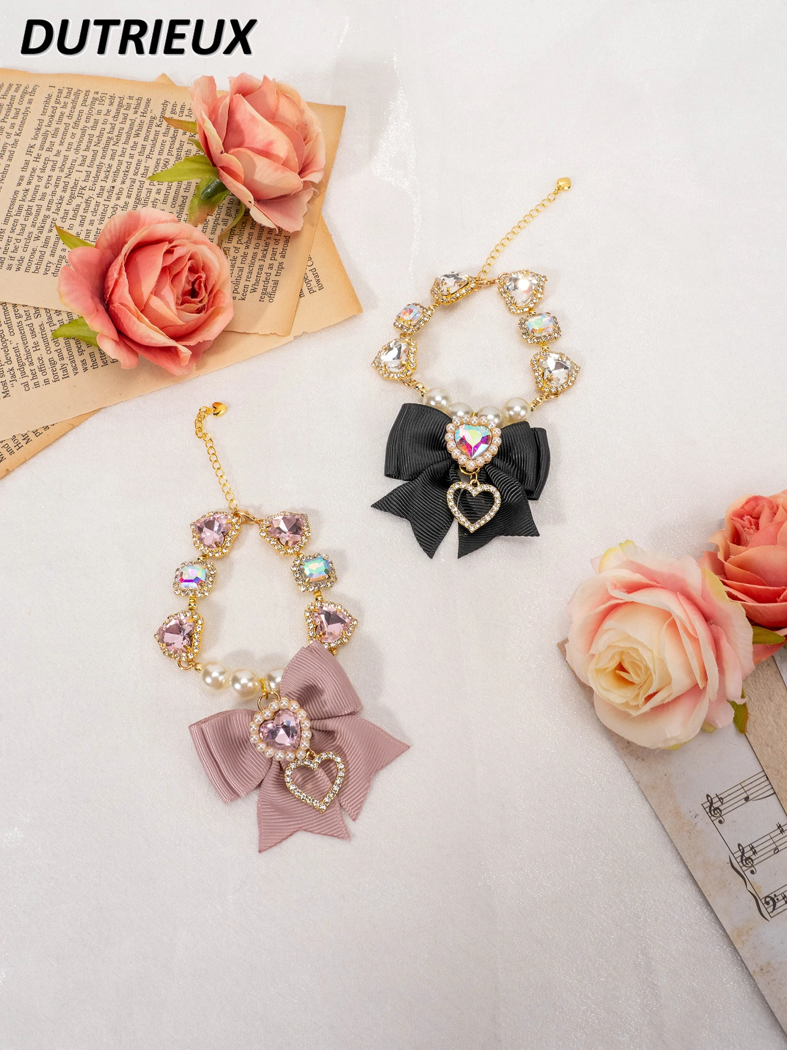 

Japanese Gem Inlaid Bow Heart Shape Rhinestone Bracelet Mine Sweet Imitation Bracelet Adjustable Bangles for Women Accessories