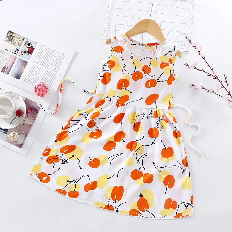 

New 2022 Girls Beach Dress Summer Fashion Casual Princess Dresses Childrens Clothing Sleeveless Printed Party Clothes Promotion