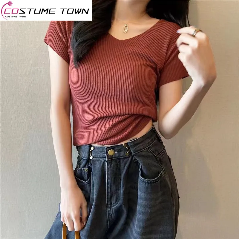 

Ice Silk T-shirt Women's Summer V-Neck Short Sleeve Spring/Summer New Korean Fit Fashion Top Versatile Knit Solid Color