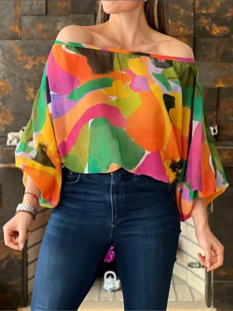 

Allover Print Top Women 2023 Summer Sexy Off Shoulder Lantern Sleeve Tops Casual Daily Long Sleeve All-Match Blouses Clothing