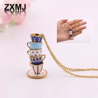 zxmj fashion tea cup necklace enamel glaze coffee cup pendant necklaces for women trendy versatile sweater chains accessories