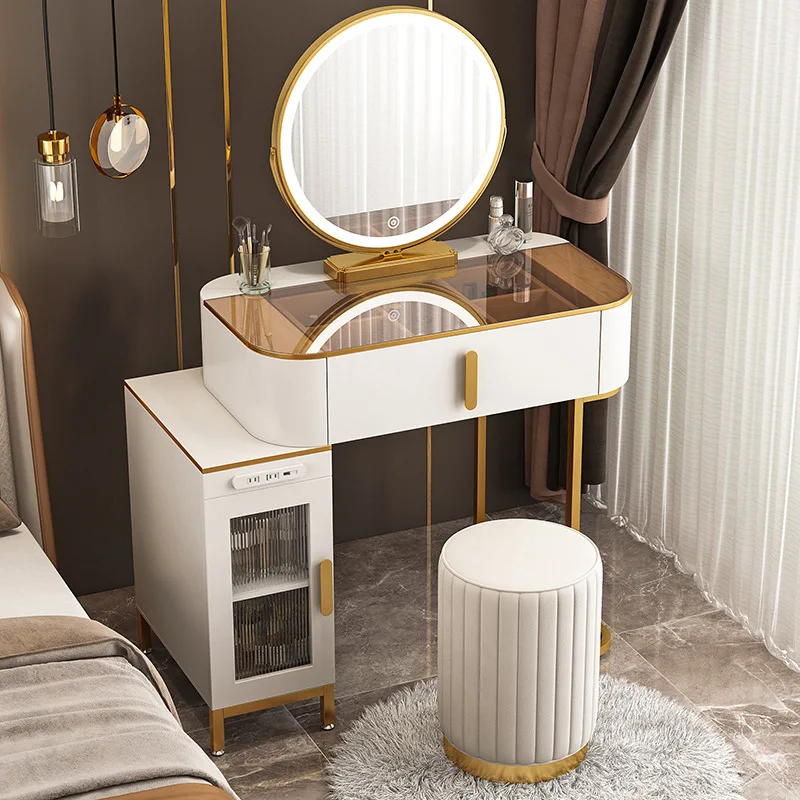 

Light Luxury Glass Dressing Table New Black and White Gray with Mirror Makeup Desk Storage Cabinet Integrated Bedroom Furniture