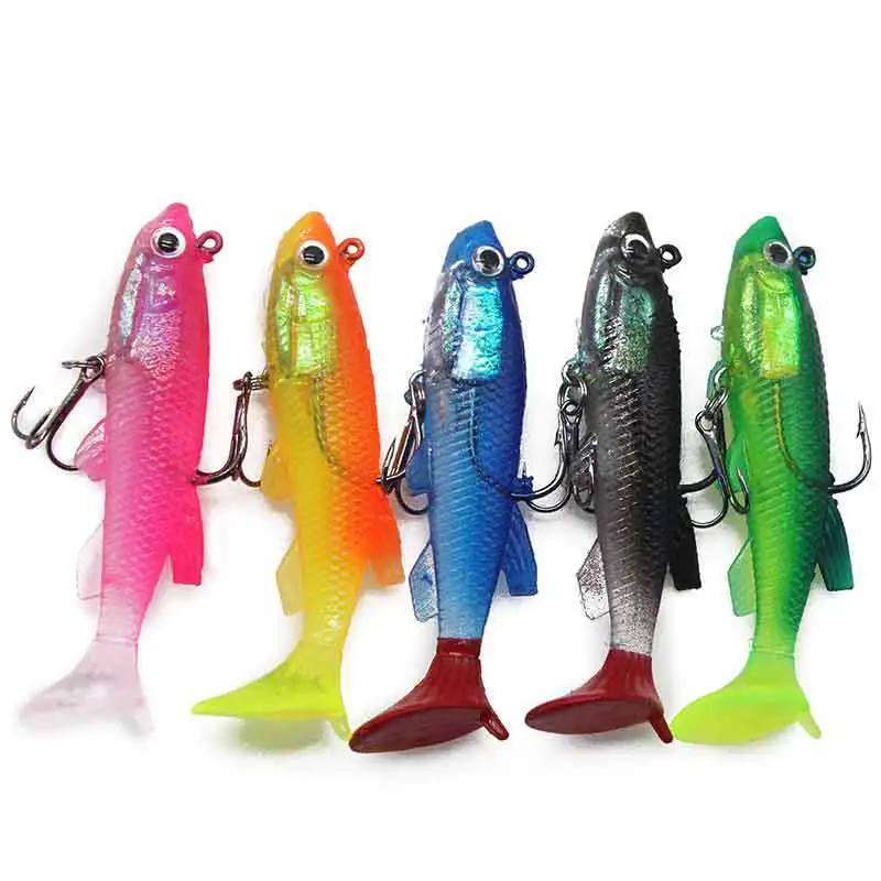 

5Pcs/Bag 8cm12g 3D Eyes Package lead fish Soft Lure Silicone T-Tail Bait Treble Hooks Bass Artificial Bait Swimbait Pesca