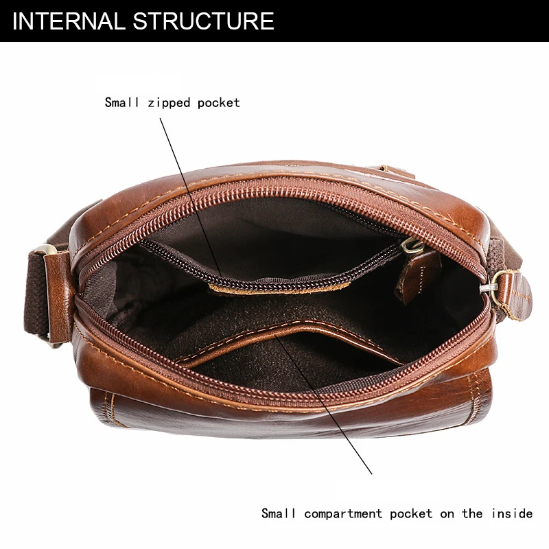 Vintage Men's Leather Simple Zipper shoulder bag Small Crossbody bag Messenger Bag