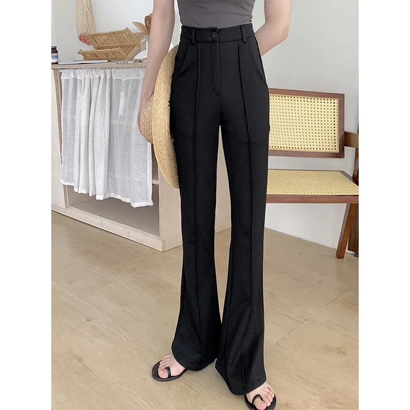 

Брюки-клеш Женские с завышенной талией, повседневные офисные штаны в Корейском стиле, черные брюки с колокольчиком