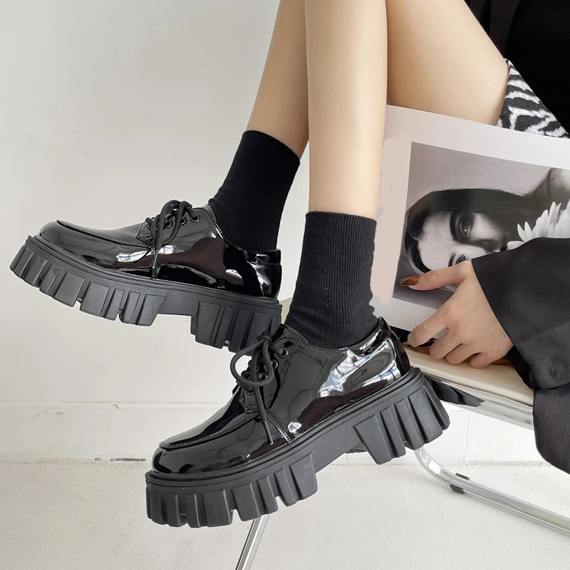 

Leather Platform Oxford Shoes for Women 2023 Spring Casual Lace Up Flats Woman Black Chunky Shoes Zapatillas Mujer Chaussure