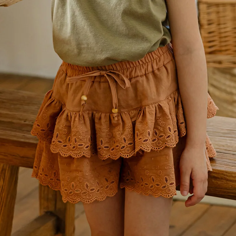Новинка лета 2024 стильные детские хлопковые Многослойные кружевные милые шорты в