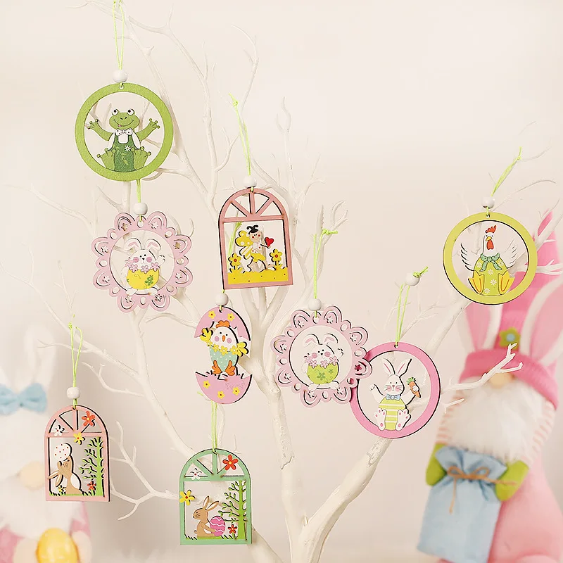 

LuanQI 9Pcs/Set Easter Rabbit Egg Wooden Hanging Pendants Wood Crafts Bunny DIY Crafts Easter Decorations For Home Kids Gifts