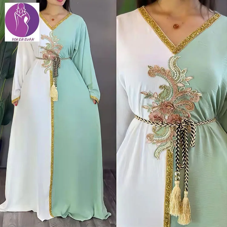 2022  Abayas For Women Dubai Indian Dress Fashion  Long Gold Powder Flower Muslim Moroccan Kaftan Color Matching Party Dress