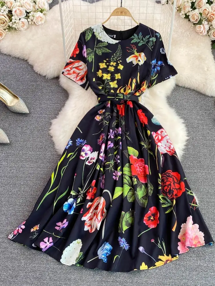 

Women's Runway Fashion Midi Dress Summer Female O-Neck Short Sleeve Bohemia Vintage Print Belted Elegant Pleated Vestidos