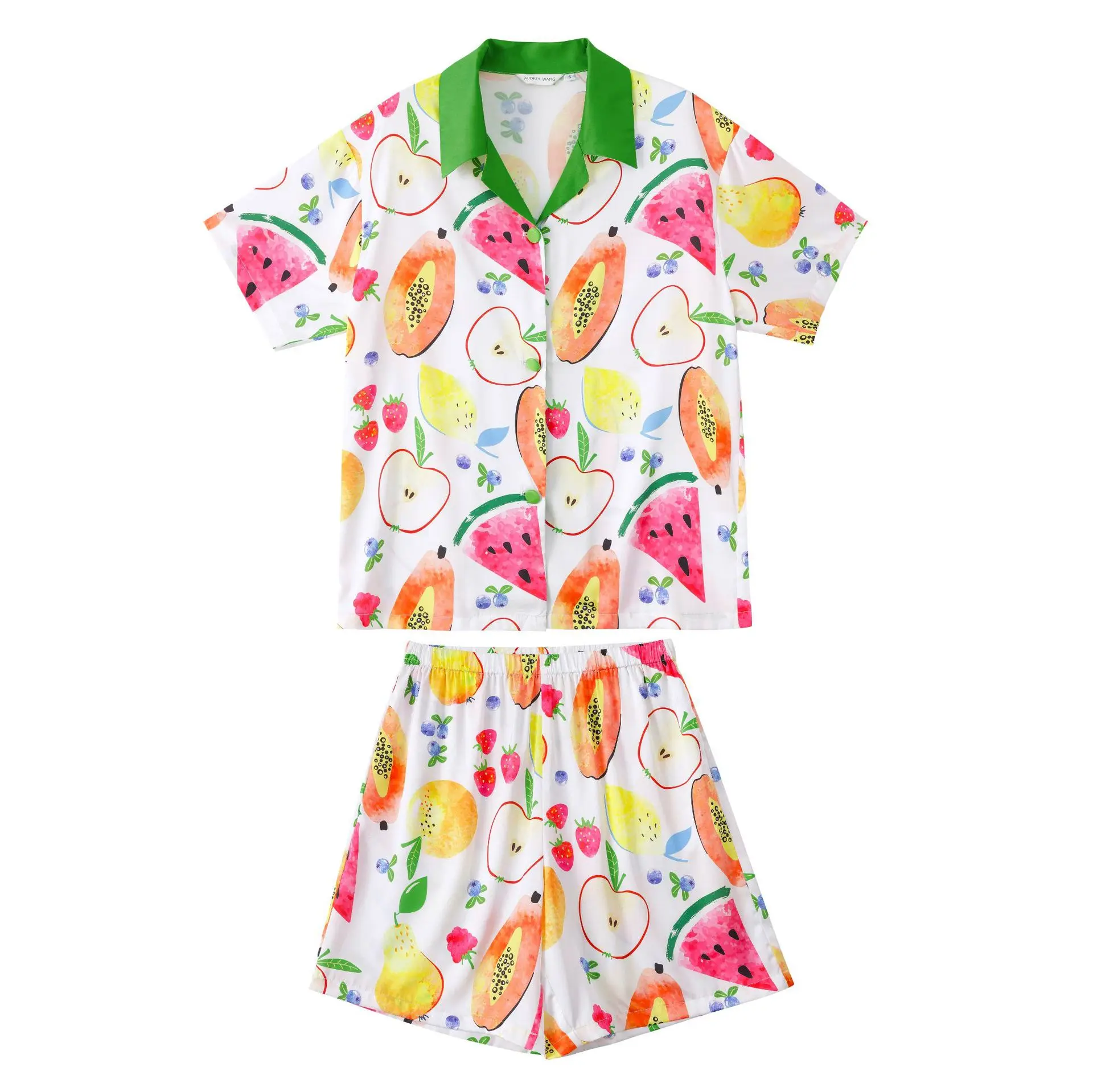 

Cute Print Fruits Women Pajamas Sets Summer Sexy Suit Collar Shirts Shorts Sleepwear Rayon Thin Lingerie Nightwear Home Clothing