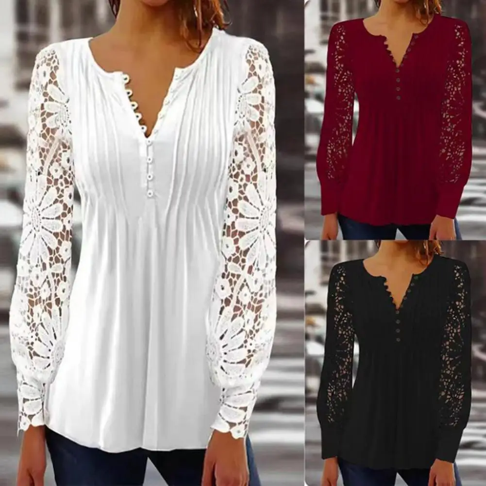 

Women Spring Top Solid Color Hollow Out V Neck Long Sleeves Match Pants Mid Length Lace Patchwork Women Autumn Top Lady Garment