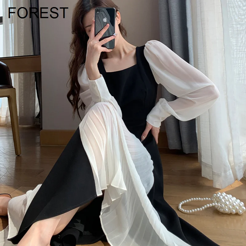 

Large Women's Dress Irregular Splicing Long Skirt Female Hepburn Style Spring And Autumn Thin Covering Square Neck Dress