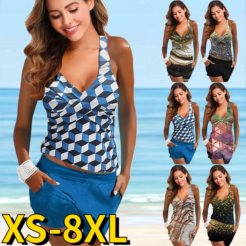 

2023 Summer Women's Vintage Printing Swimwear High Waist Loose Tankini Trend Monokini Two Piece Set Bathing Suit Sexy Swimsuit