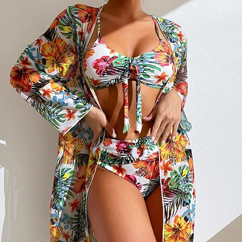 2023 Three Pieces Bikini Set Cover Up Swimwear High Waisted Bikini Set Women's Swimwear Print  For Female Bath Suit Tropical