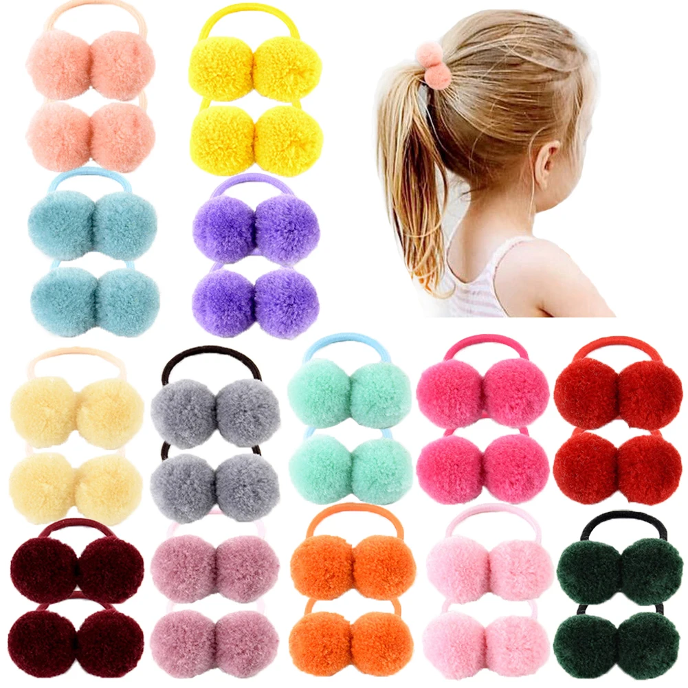 24pcs/lot Baby Hair Rope Small Solid Double Fur Ball With Elastic Rope Handmade Hair Band Kids Girls Hair Accessories Headwear