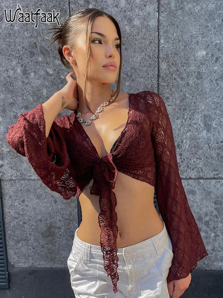 

Waatfaak Hollow Out Bandage Sexy Cardigan Women Vintage Retro Long Flare Sleeve V Neck Autumn Crop Top Sweater Knitted Y2K Red