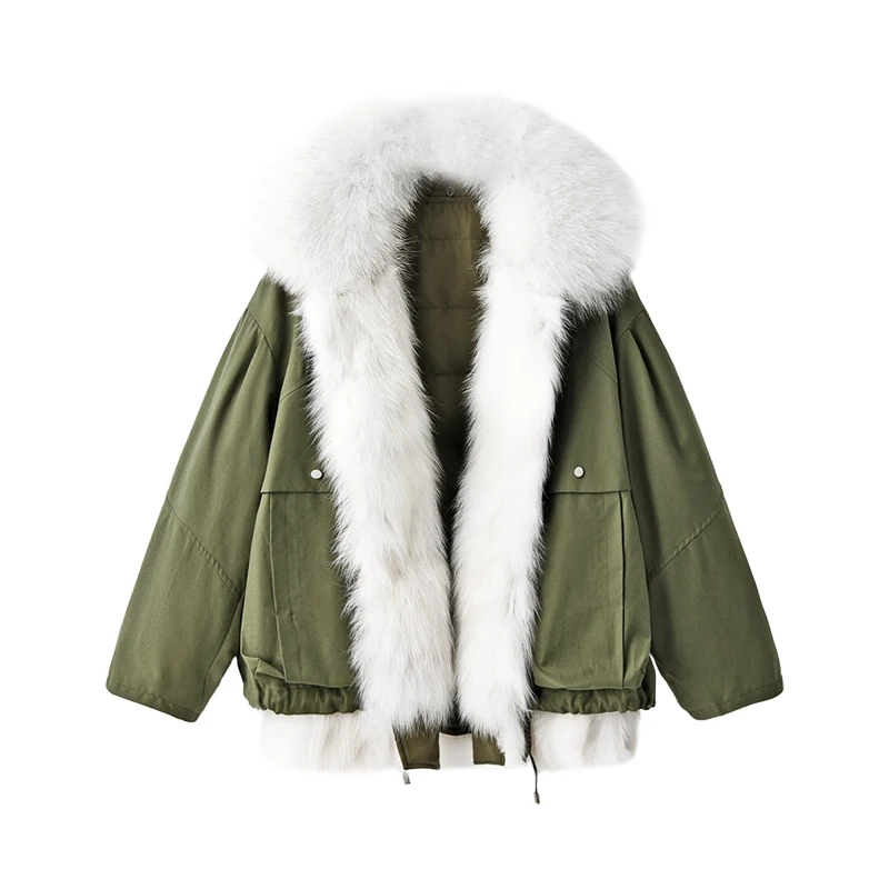 SHUCHAN 90%  White Duck Down  Jackets for Women  Covered Button Liner Detachable Fox Fur Collar Detachable  Wide-waisted