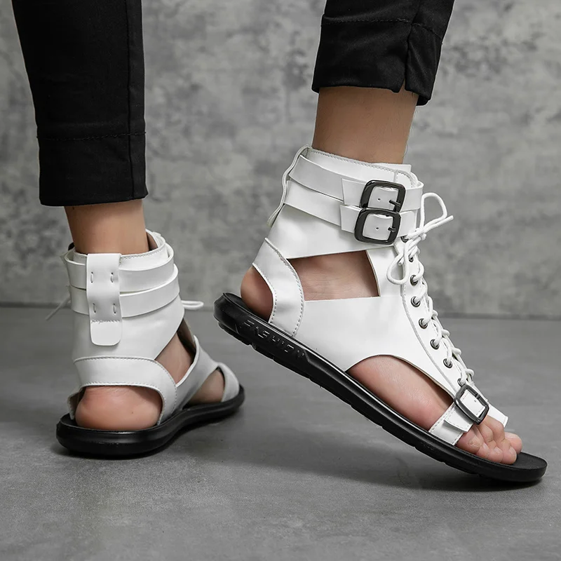 2022 Summer Fashion White High-top Sandals Men Flat Leather Roman Sandal Man Lace-up Casual Designer Shoes Men sandalias hombre