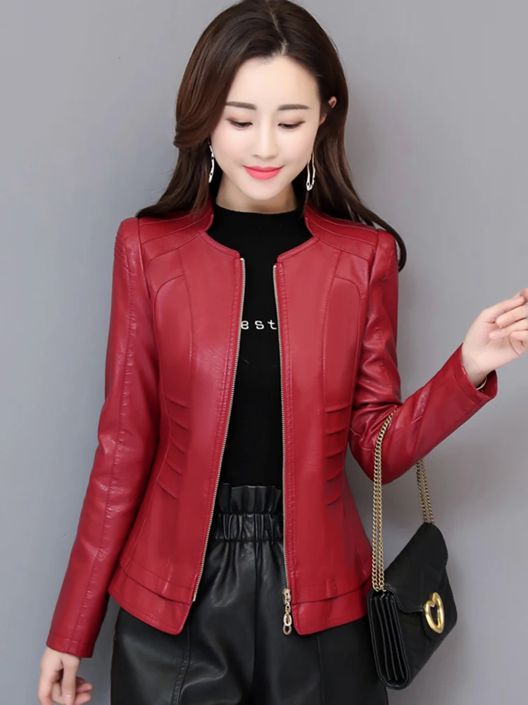New Women Leather Jacket Spring Autumn Fashion Trend Chic Small Stand Collar Slim Waist Split Leather Cool Style Short Coat