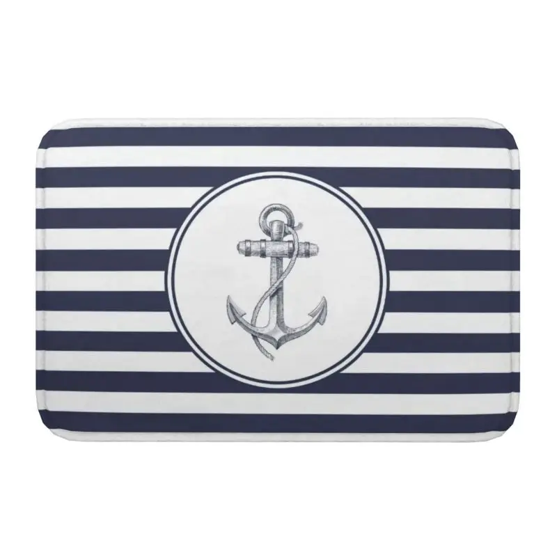 

Navy Blue Stripes Nautical Anchor Doormat Mat Anti-Slip Bathroom Kitchen Toilet Rug Carpet 40*60cm Living Room Entrance Footpad