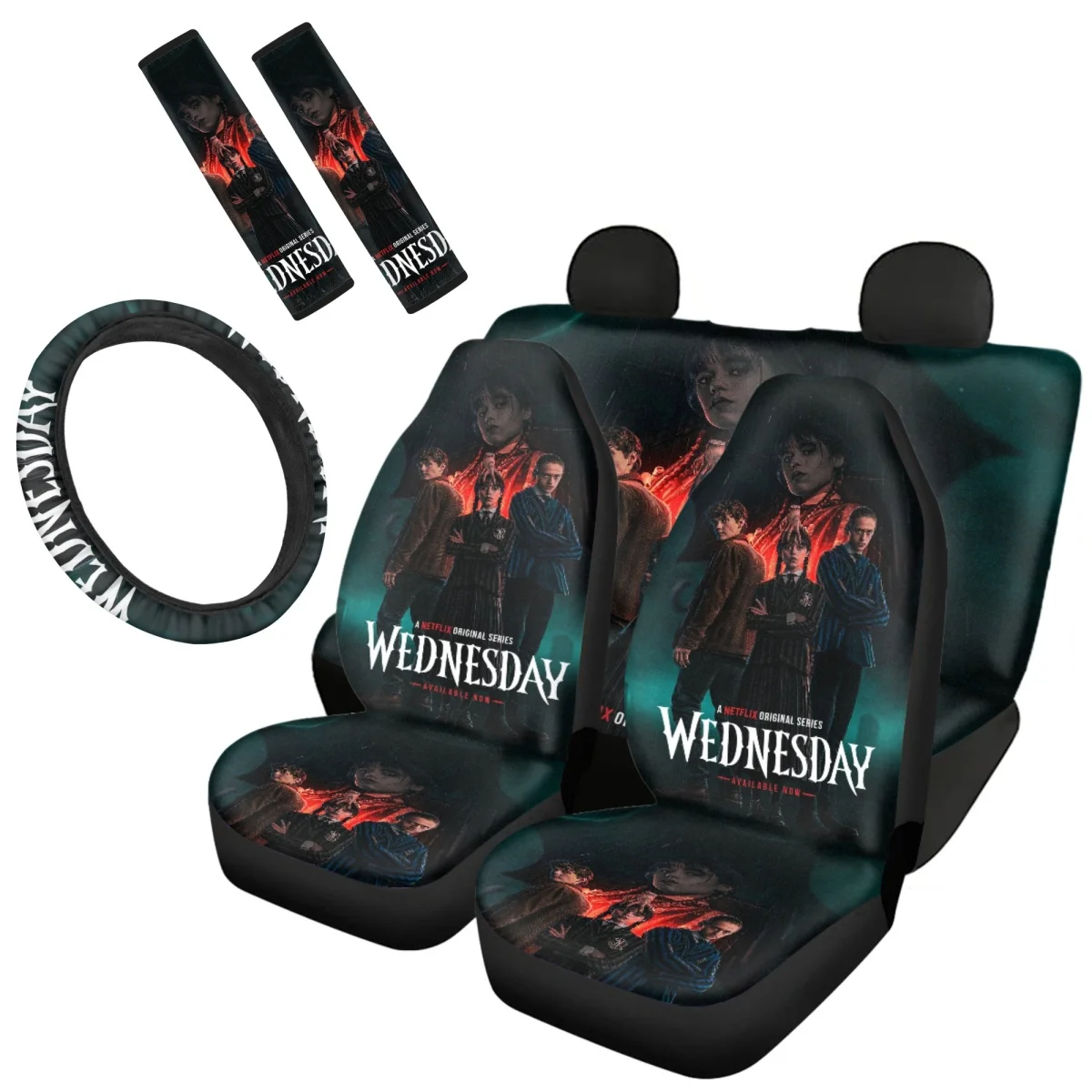 

Universal Car Seat Covers for Women Wednesday Addams Print Anti-Slip UV Steering Wheel Covers Car Seat Belt Covers Fit Backpacks