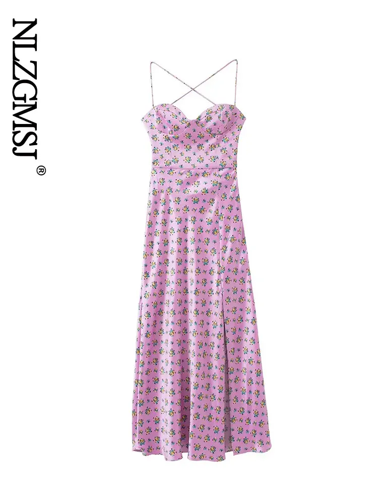 

Nlzgmsj ZBZA 2022 Women Chic Spring Fashion Floral Print Slit Midi Dress Vintage V Neck Thin Straps Female Dresses 202203